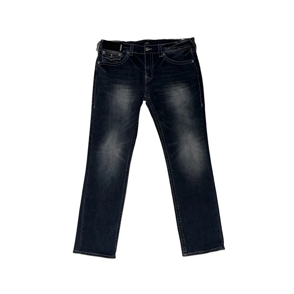 True Religion Embroidered Back Flap Pockets Straight Sz 38x34 Dark Blue Denim